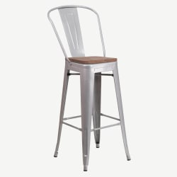 Bistro Style Silver Metal Bar Stool with Walnut Wood Seat
