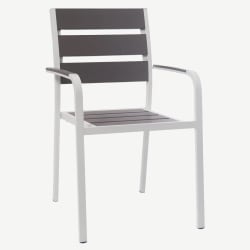 White Aluminum Restaurant Patio Arm Chair with Grey Faux Teak