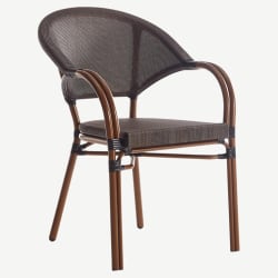 Metal Bamboo Patio Armchair with Dark Brown Rattan and Walnut Frame