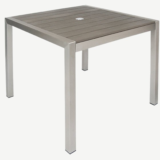 Aluminum Patio Table in Grey Finish with Faux Teak Slats Interior
