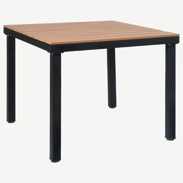 Table with Black Metal Frame and Natural Finish Faux Teak Top Interior