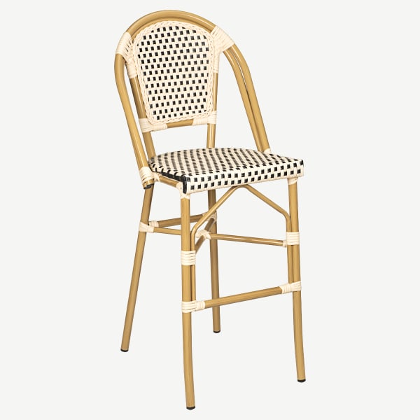 Aluminum Bamboo Patio Bar Stool with Black and Cream Rattan Interior