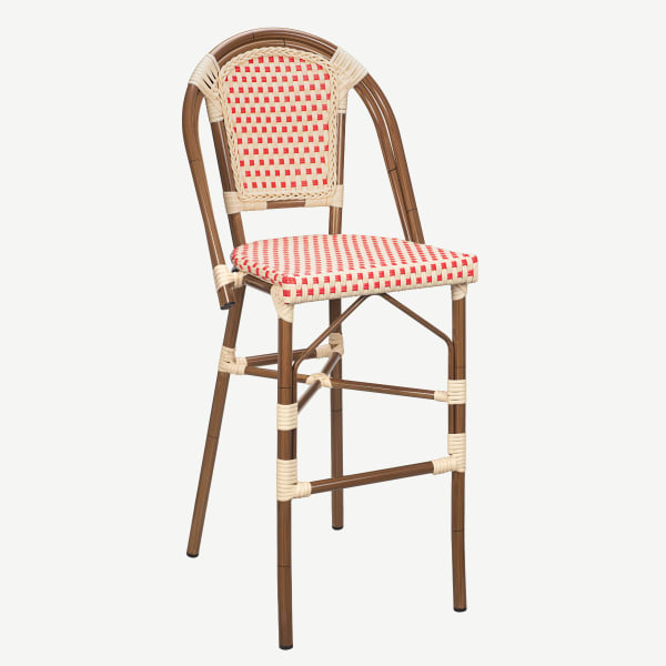 Aluminum Bamboo Bar Stool With Red & Cream Rattan Interior