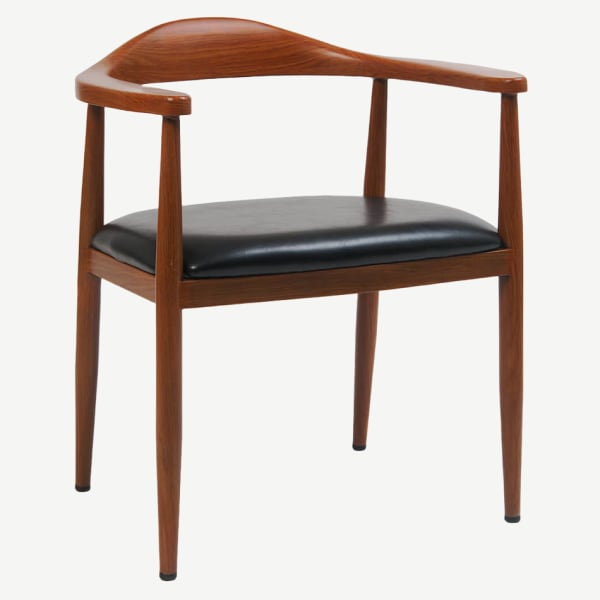 Wood Grain Metal Arm Chair in Walnut Finish with Black Vinyl Seat Interior