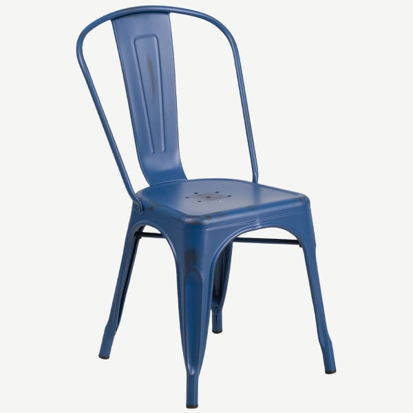 Distressed Dark Blue Bistro Style Metal Chair Interior
