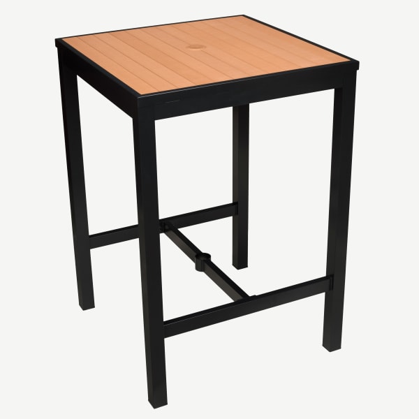 Aluminum Outdoor Bar Table in Black Finish and Faux Teak Interior