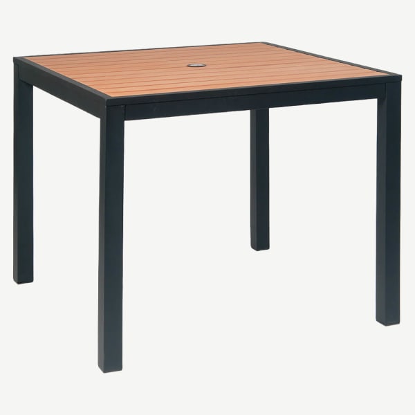 Black Aluminum Patio Table with Natural Faux Teak Slats Interior