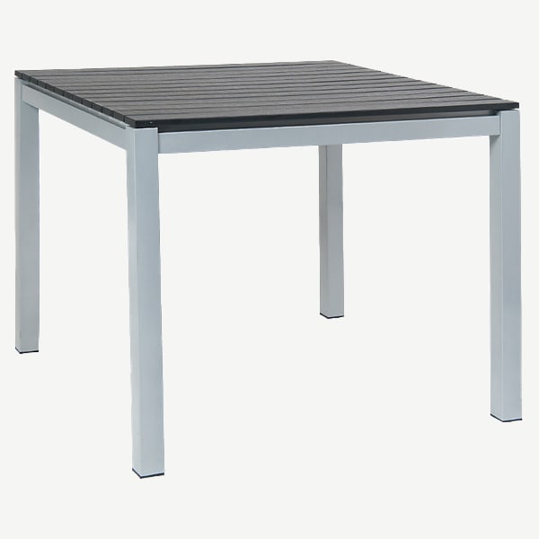 Gray Aluminum Patio Table with Dark Brown Faux Teak Slats Interior