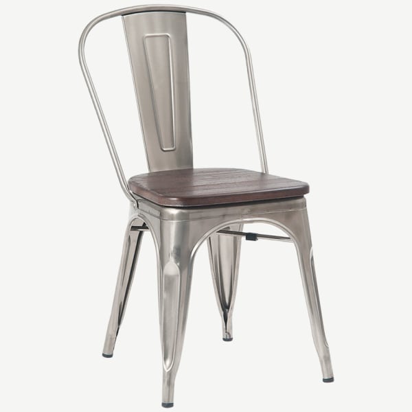 Clear Bistro Style Metal Chair with Walnut Wood Seat Interior