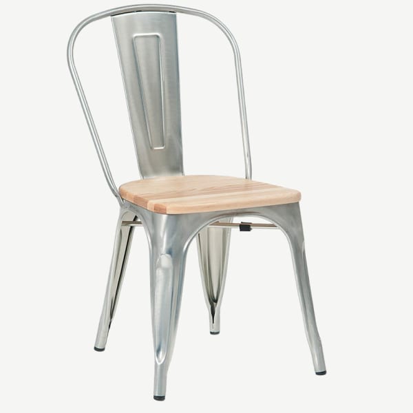 Silver Bistro Style Metal Chair with Natural Wood Seat Interior