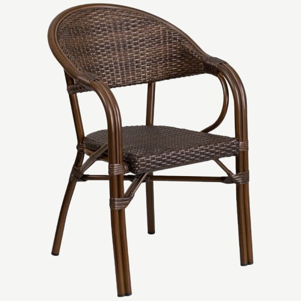 Dark Brown Rattan Chair with Bamboo Look Aluminum Frame Interior