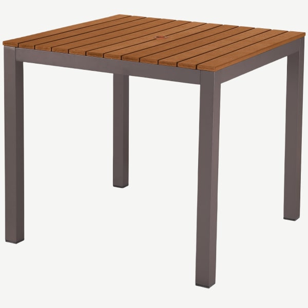 Aluminum Patio Table in Rust Color Finish with Faux Teak Slats Interior