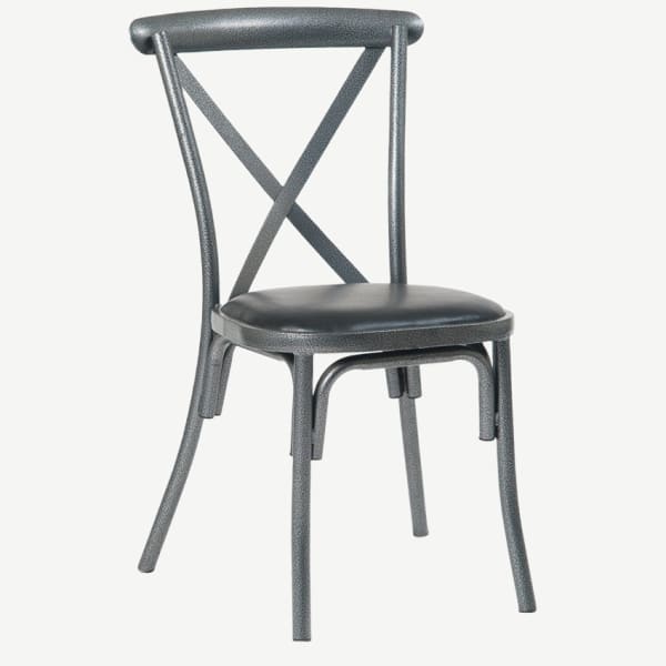Stackable Metal X-Back Chair in Silver Vein Finish with Black Vinyl Seat Interior