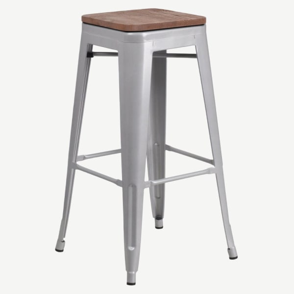 Bistro Style Silver Metal Backless Bar Stool with Walnut Wood Seat Interior