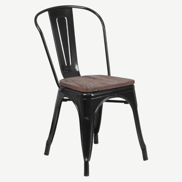 Bistro Style Black Metal Chair with Walnut Wood Seat Interior
