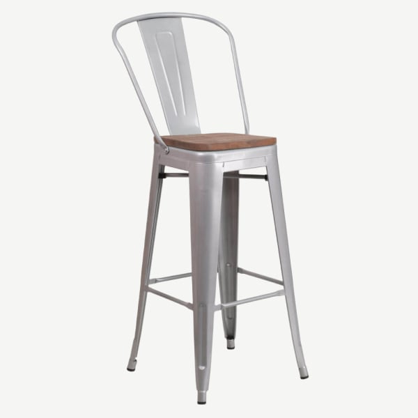 Bistro Style Silver Metal Bar Stool with Walnut Wood Seat Interior