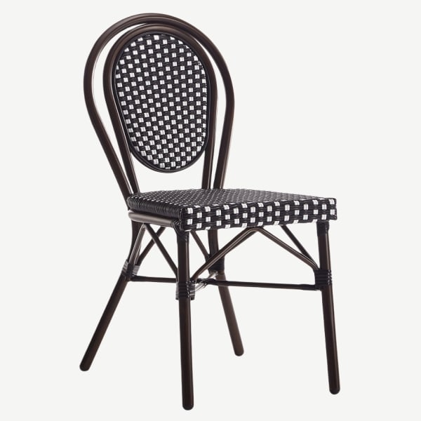 Aluminum Patio Chair in Brown Finish and Black and White Rattan Interior