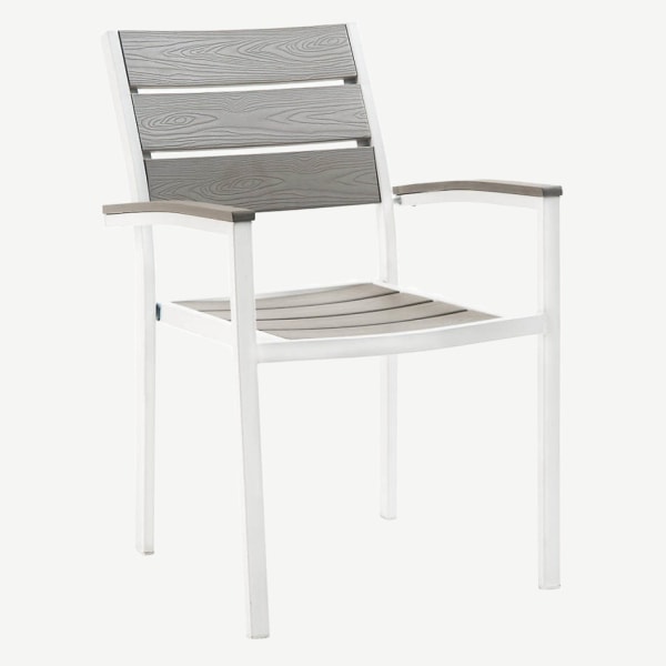 White Metal Armchair with Grey Finish Faux Teak Interior
