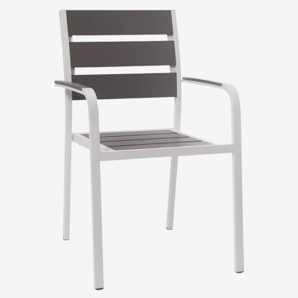 White Aluminum Restaurant Patio Arm Chair with Grey Faux Teak Interior