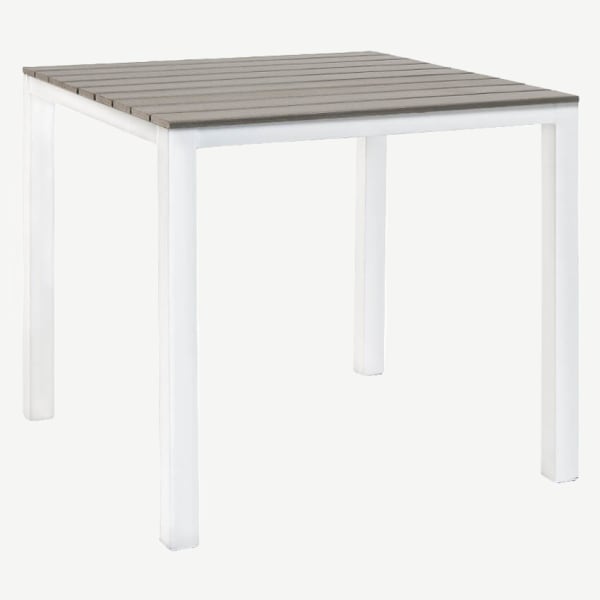 White Patio Table with Grey Faux Teak Top Interior